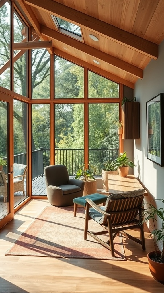 Bright home office with large windows, wooden beams, and plants, showcasing sustainable design.