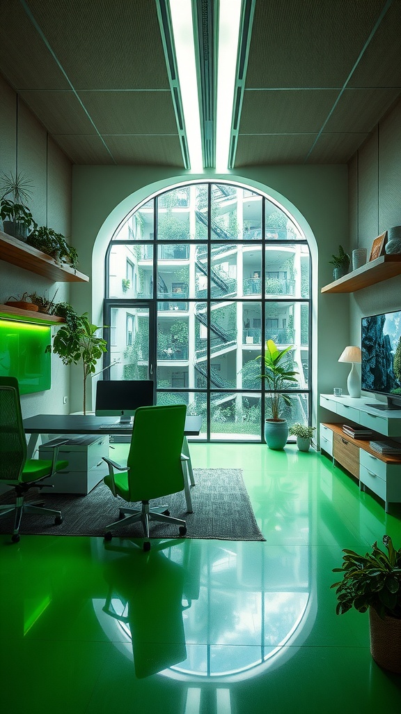 A modern home office featuring vibrant green tones, large windows, and eco-friendly furniture.