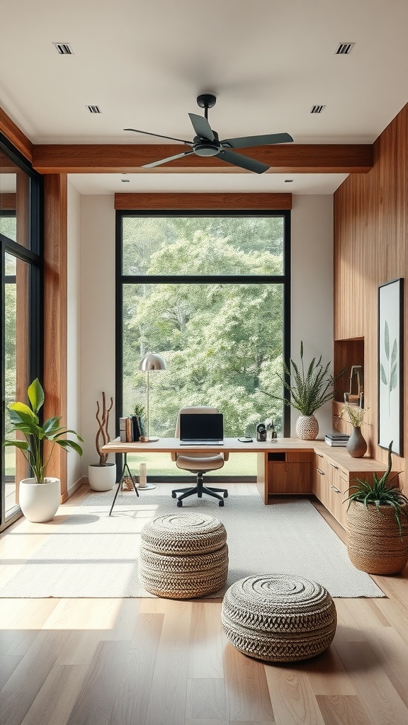 A modern home office with large windows, wooden elements, and plants for a sustainable feel.