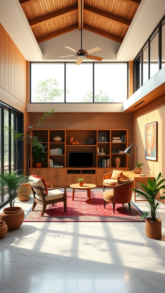 A modern home office featuring a high wooden ceiling, large windows, and natural materials, showcasing sustainable Indian architecture.