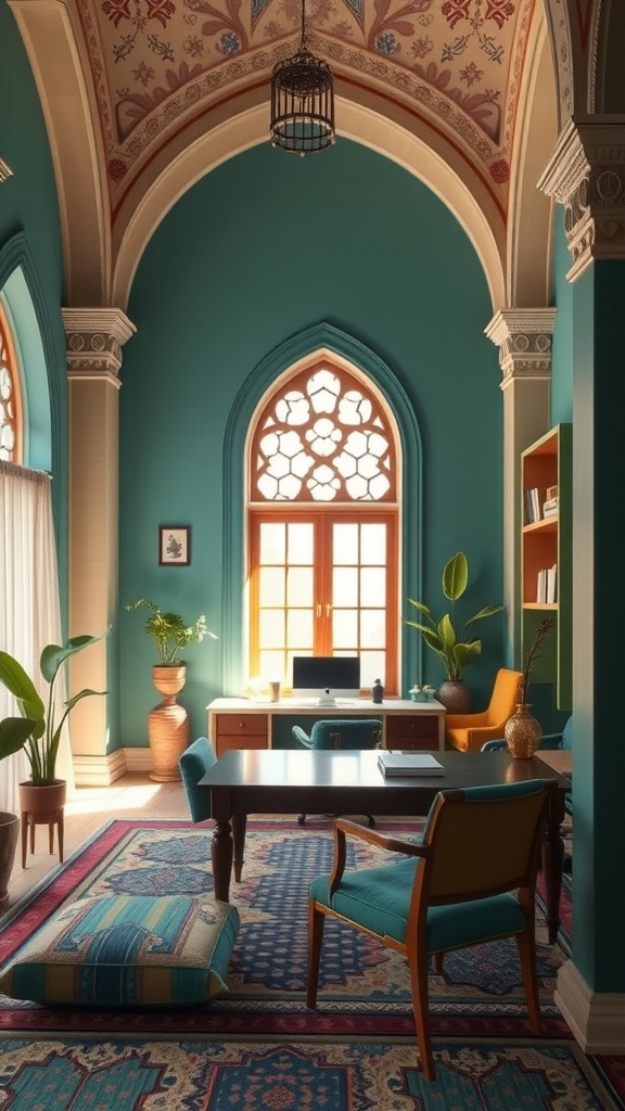 A beautifully designed home office inspired by mosque architecture, featuring high ceilings, intricate patterns, and natural elements.