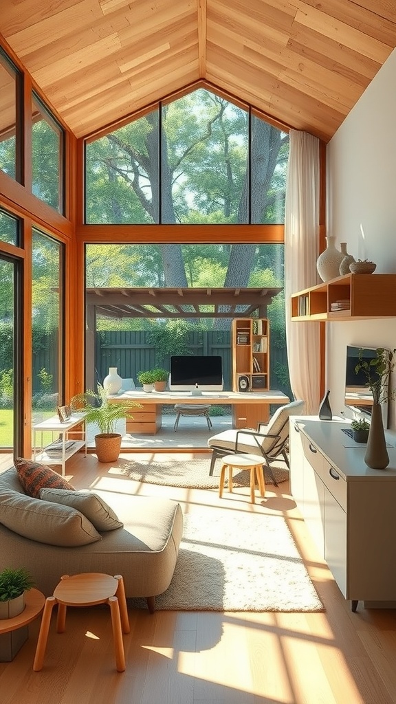 A modern home office with large windows, natural wood accents, and a view of greenery outside.
