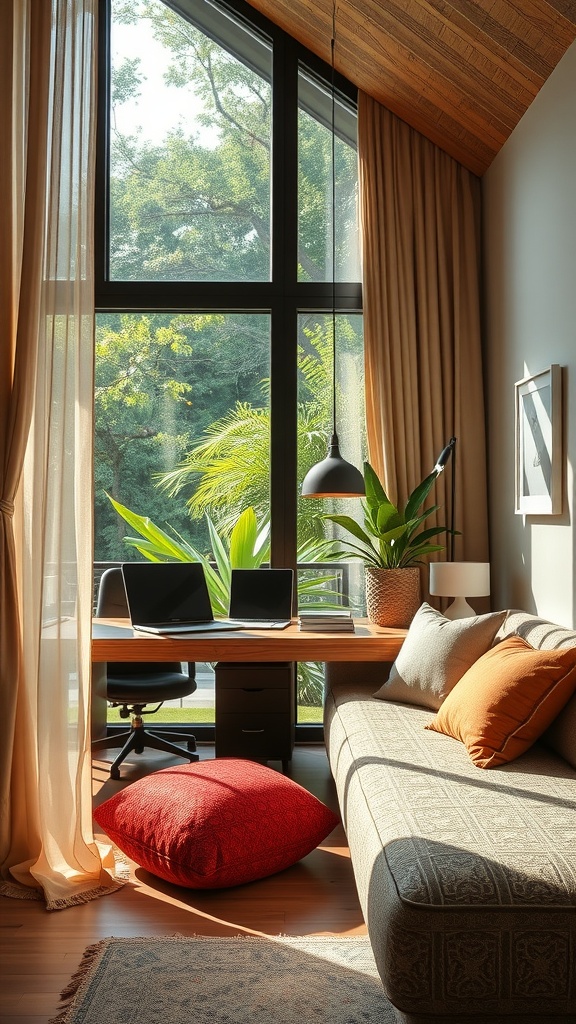 A bright and inviting home office with large windows, plants, and sustainable textiles.