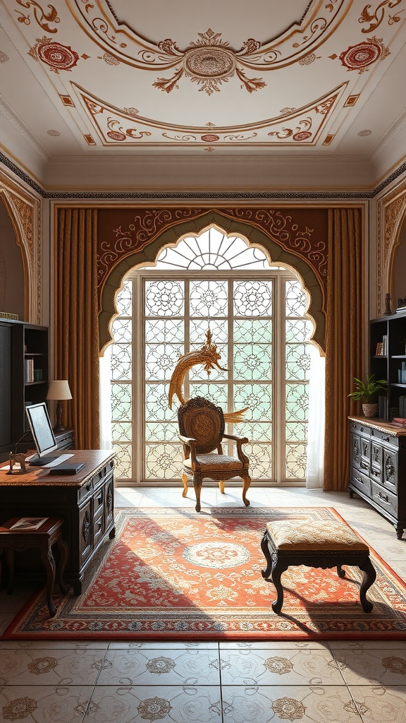 A beautifully decorated home office with Mughal architecture elements, featuring intricate ceiling designs, elegant window frames, and rich textiles.