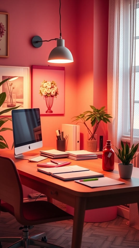 A cozy home office with a modern pendant light, pink walls, and a neatly organized desk.