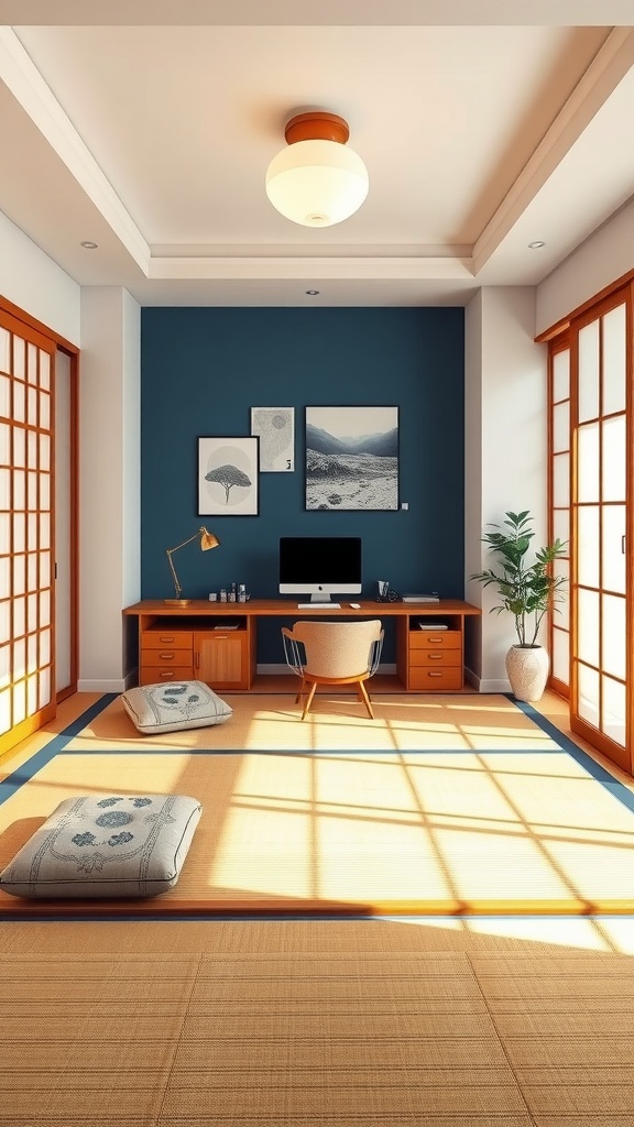 A serene home office featuring tatami mats, a wooden desk, and natural light.