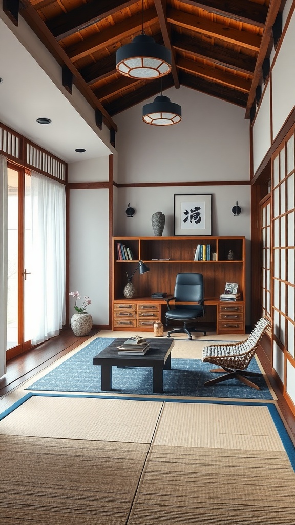 A serene home office featuring tatami mat flooring, wooden beams, and modern furniture.