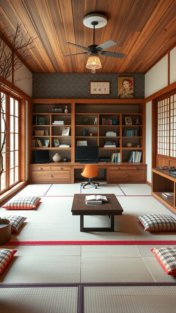 A cozy tatami mat study area featuring wooden shelves, a low table, and cushions, with natural light streaming in.