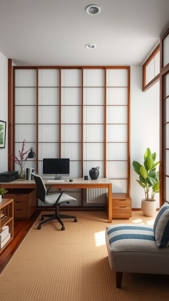A modern home office featuring a tatami room divider with a wooden frame and shoji screens.