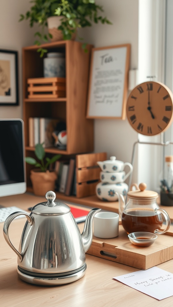 A cozy tea station setup in a home office with a kettle, cups, and plants.