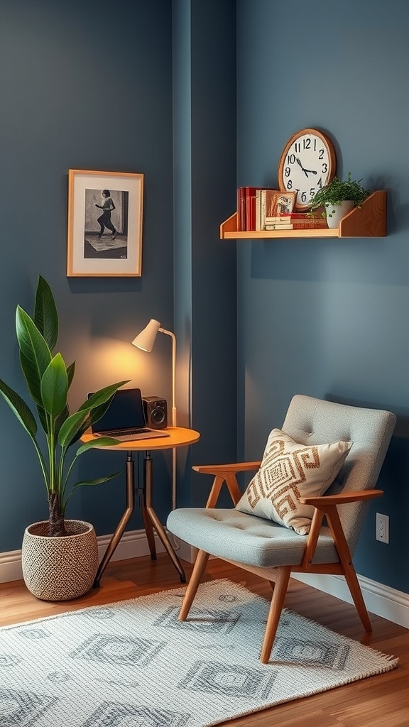 A cozy zen corner with a chair, plants, and soft lighting, creating a relaxing atmosphere.