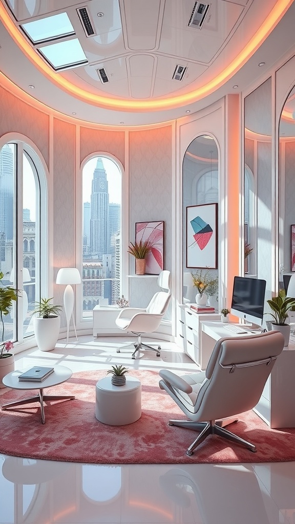 A modern home office featuring large windows, stylish furniture, and elegant architectural details.