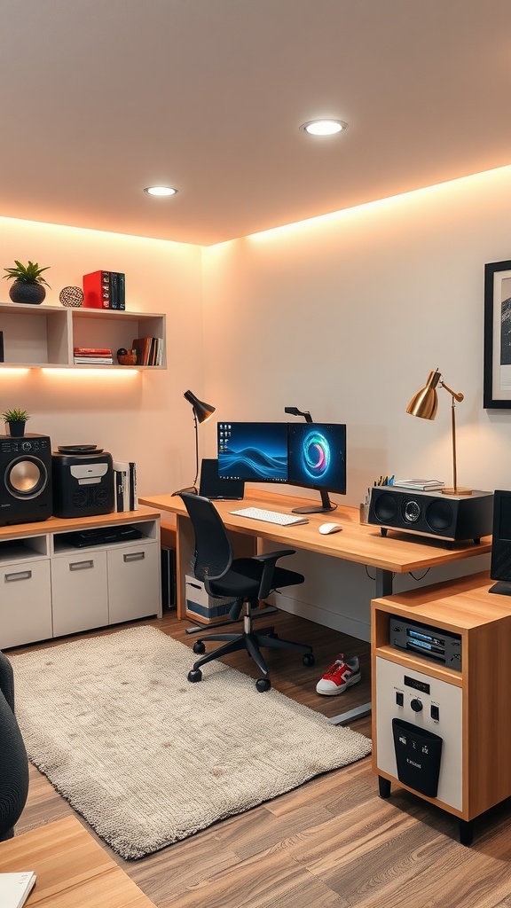 A modern home office with multiple computer monitors, vibrant ceiling lights, and plants.