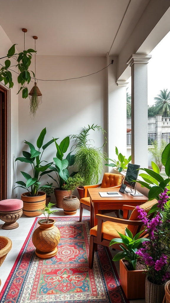 A cozy terrace garden workspace with plants, wooden furniture, and a colorful rug.