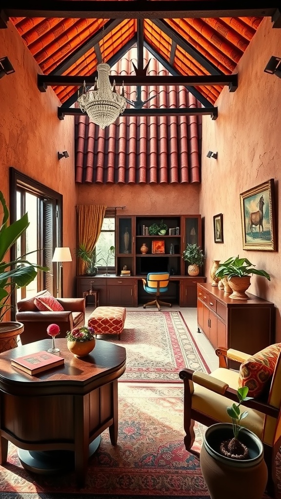 A cozy home office with terracotta roof and walls, featuring traditional Indian design elements.
