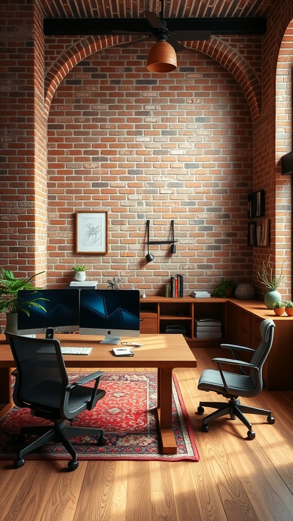 A rustic office with a textured brick feature wall, wooden furniture, and modern decor.
