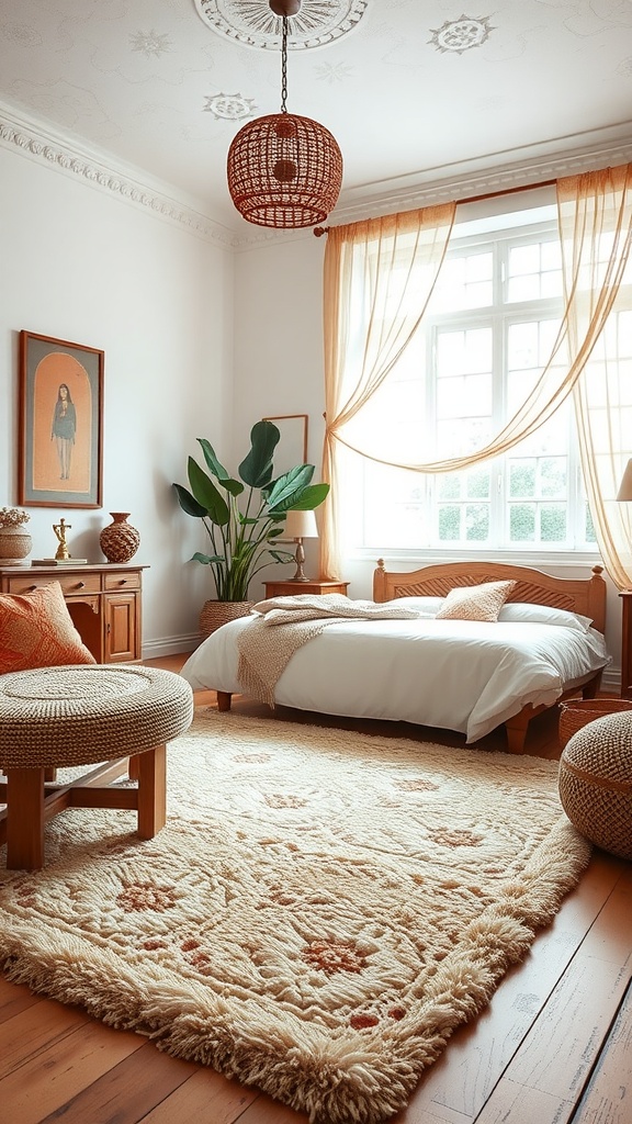 A cozy summer bedroom featuring a textured rug, warm lighting, and beachy decor.