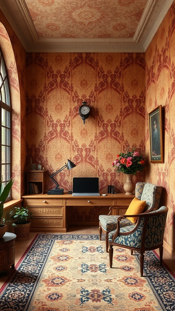 A cozy home office featuring textured wall finishes in art nouveau style, with a wooden desk, elegant chair, and decorative elements.