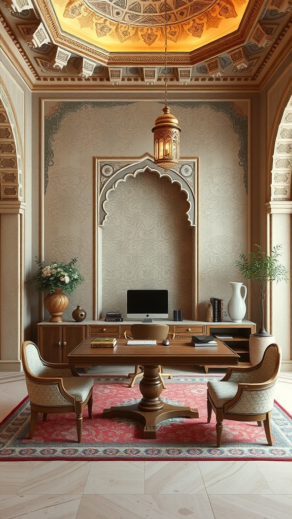 A beautifully designed home office featuring Mughal architecture motifs with textured wall finishes and an ornate ceiling.