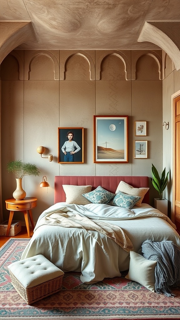 A cozy summer bedroom featuring textured walls, a stylish bed, and decorative elements.