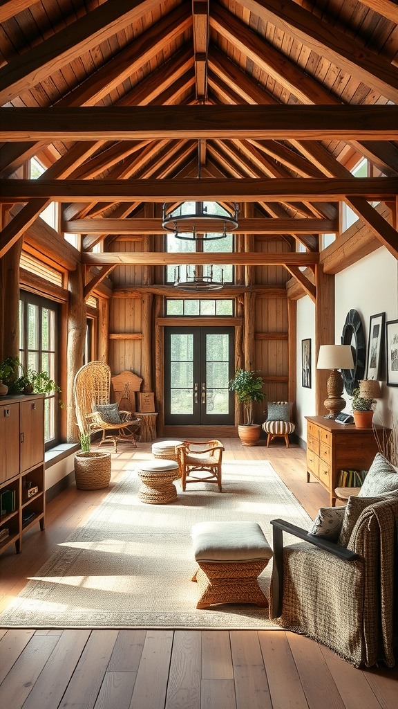 An inviting interior featuring timber framing with wood beams, large windows, and cozy seating, ideal for a home office.
