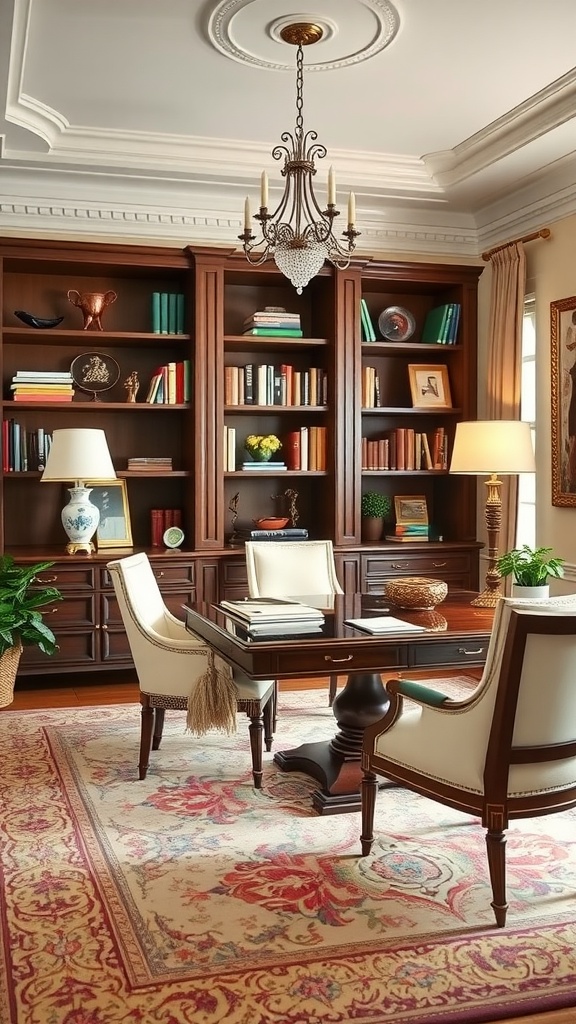 A luxurious home office featuring classical furniture, a chandelier, and elegant decor.
