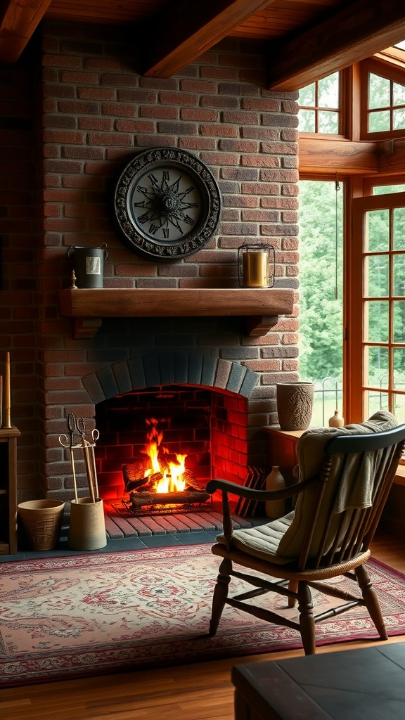 A traditional brick fireplace in a rustic cabin home office with tools and a cozy atmosphere.