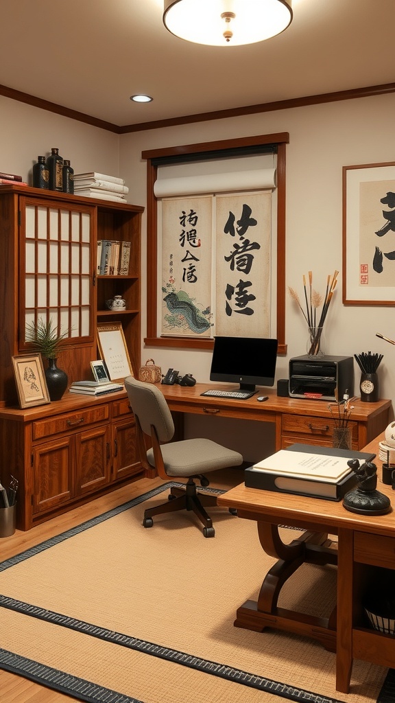 A traditional calligraphy studio featuring a wooden desk, tatami mats, and framed artwork.