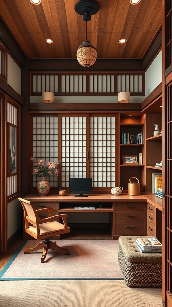 A traditional Japanese home office featuring wooden elements, shoji screens, and a serene atmosphere.