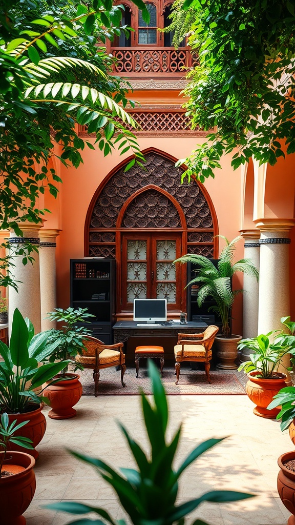 A traditional Indian courtyard with a home office setup, featuring lush plants and intricate architectural details.