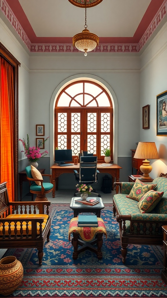 A traditional Indian home office featuring wooden furniture, colorful cushions, and intricate decor.