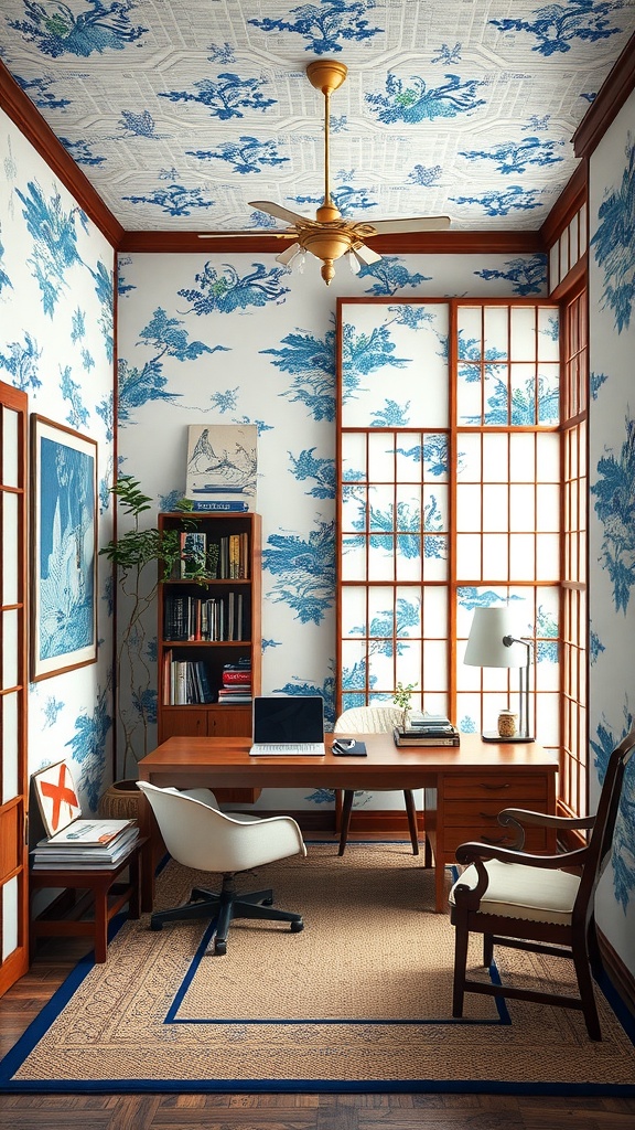 A home office decorated with traditional Japanese patterns, featuring blue and white wallpaper, wooden furniture, and a serene atmosphere.
