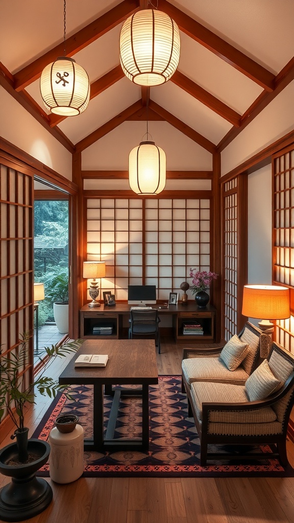 A cozy home office featuring traditional Japanese lanterns, wooden furniture, and a serene atmosphere.