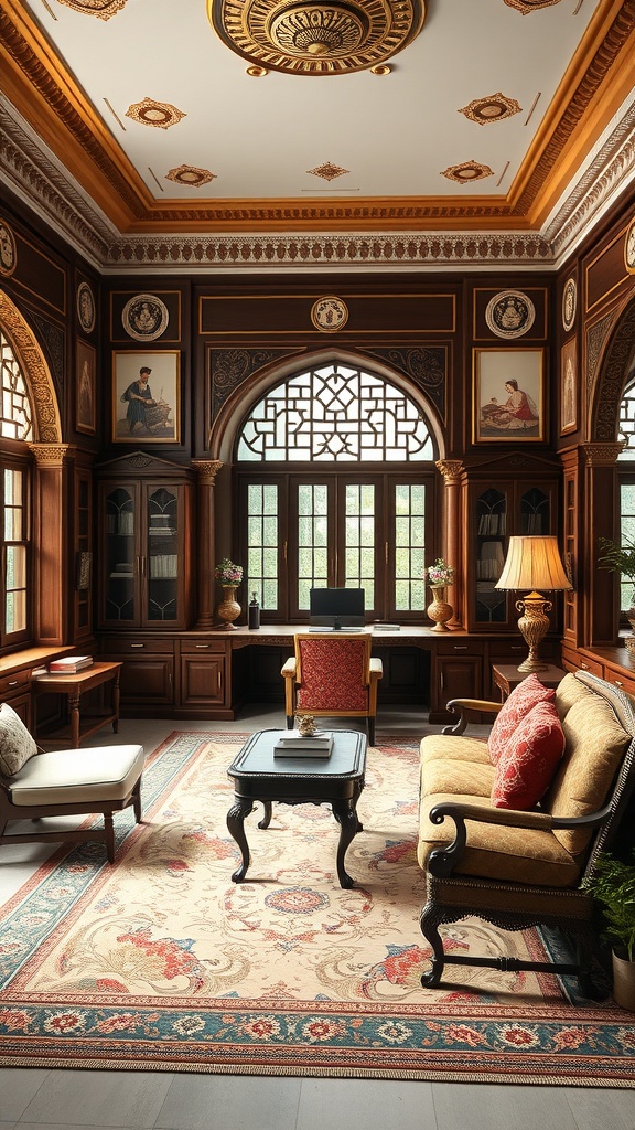 A traditional Mughal-style home office featuring rich wooden furniture, intricate ceiling designs, and elegant decor.