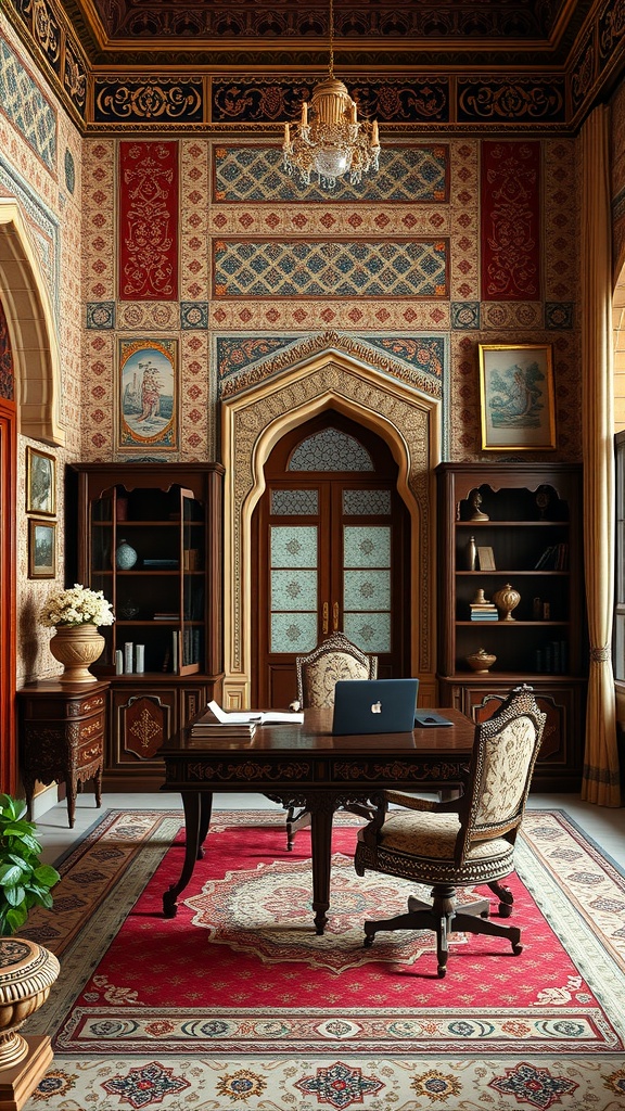A traditional Mughal style home office with intricate patterns and rich colors.