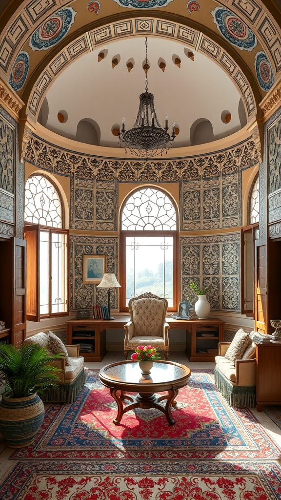 A beautifully designed home office with Ottoman architectural influence, featuring intricate wall designs and elegant furnishings.