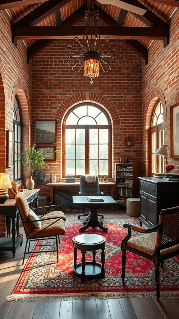 A rustic office featuring traditional red brick walls, wooden beams, and elegant furnishings.