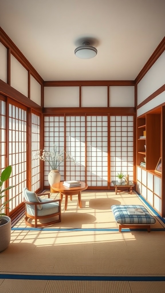 A serene home office space in Sukiya style with shoji screens, wooden furniture, and tatami flooring.