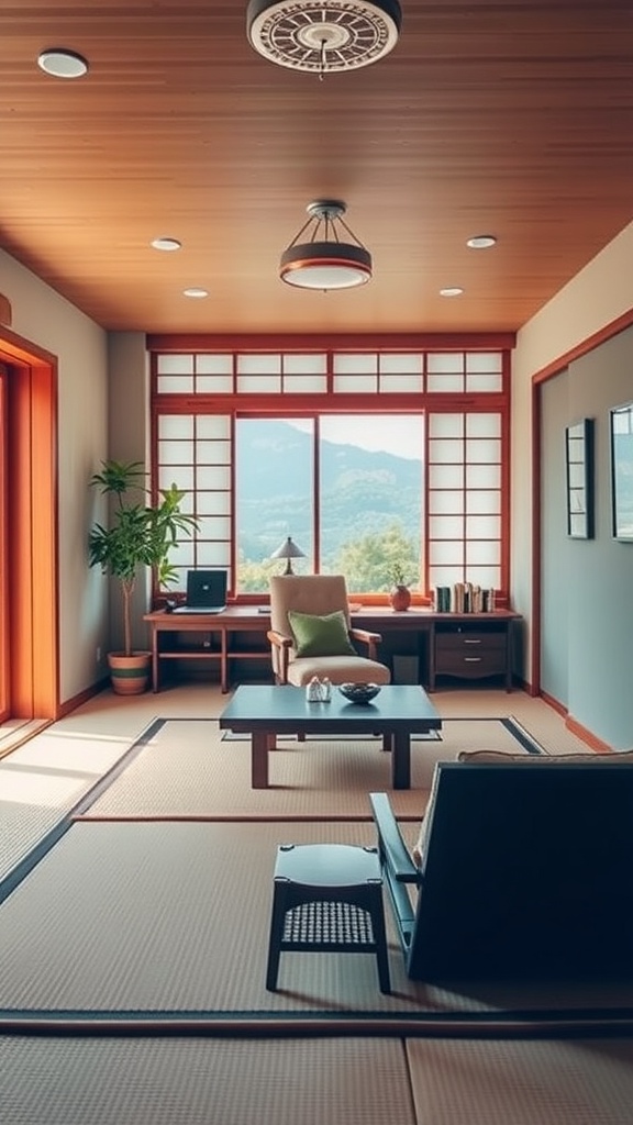 A traditional tea room office featuring tatami mats, large windows, and wooden furniture.