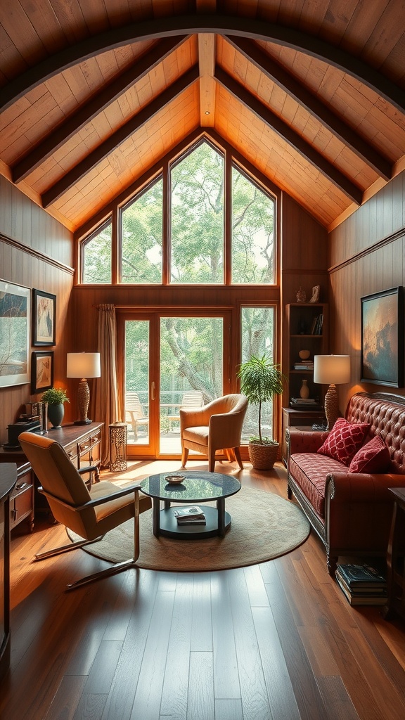 A cozy home office with wooden beams, large windows, and comfortable furniture, blending traditional architecture with modern elements.