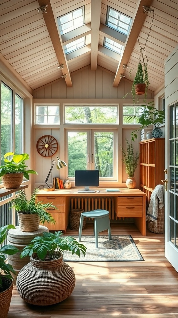 A cozy home office in a small summer house with large windows, wooden beams, and plenty of plants.