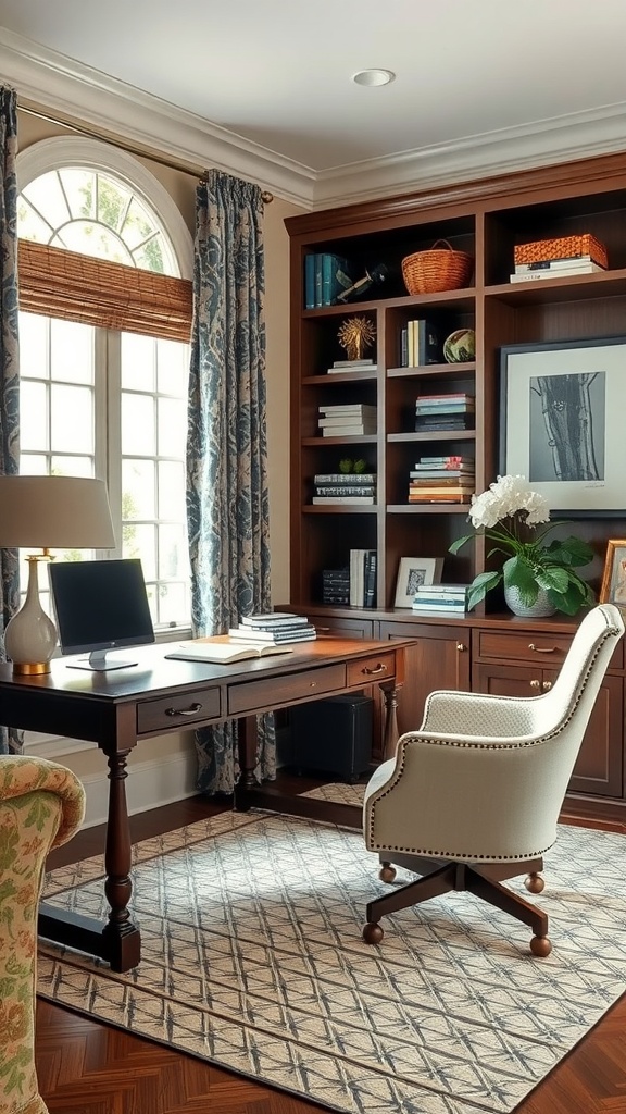 A transitional style home office featuring elegant architecture, floral wallpaper, and rich wood furniture.