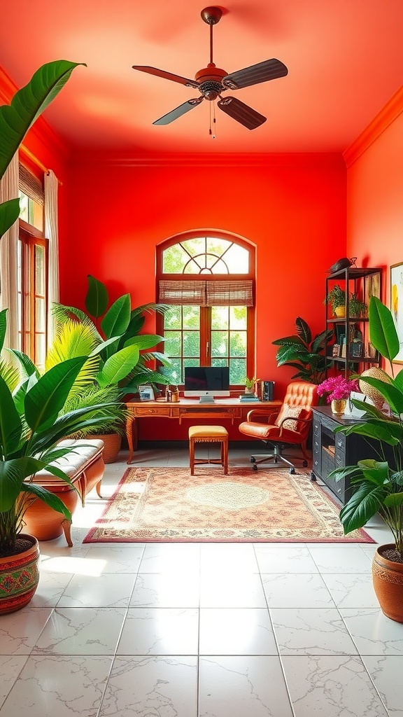 A vibrant home office with red walls, large green plants, and stylish furniture.