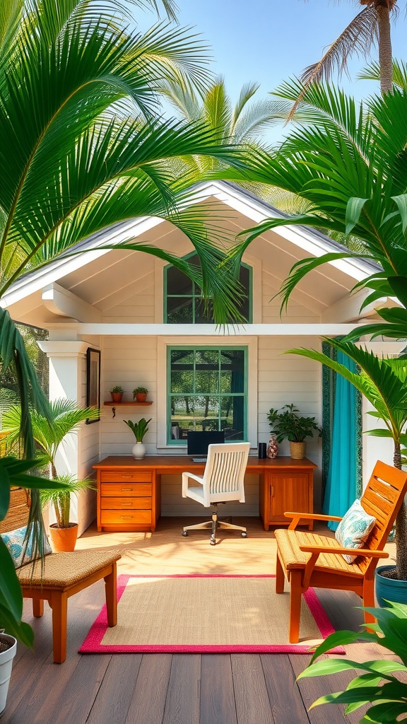 A tropical-themed home office in a summer house, featuring a wooden desk, chair, and lush greenery.