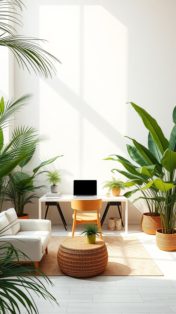 A bright home office with tropical plants, natural textures, and a cozy seating area