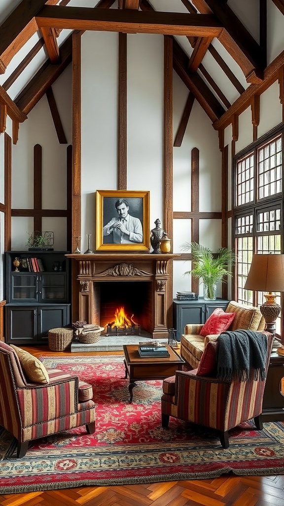 A cozy Tudor Revival home office with wooden beams, a fireplace, and comfortable seating.