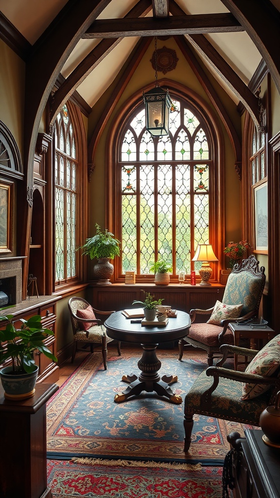 A cozy Tudor Revival home office featuring wooden beams, leaded glass windows, and elegant furnishings.