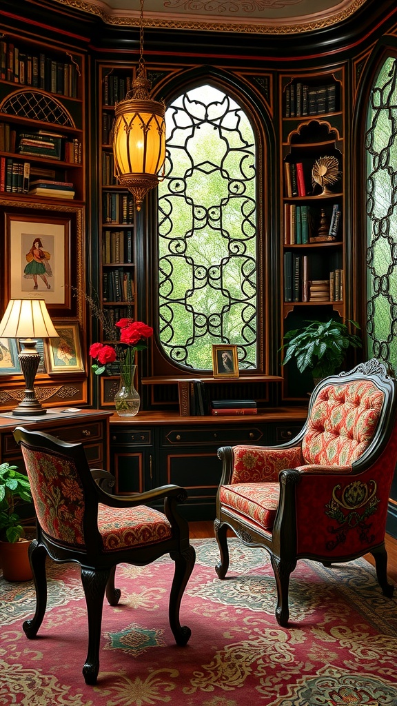 A cozy home office with two unique chairs in art nouveau style, surrounded by rich wood tones and intricate decor.