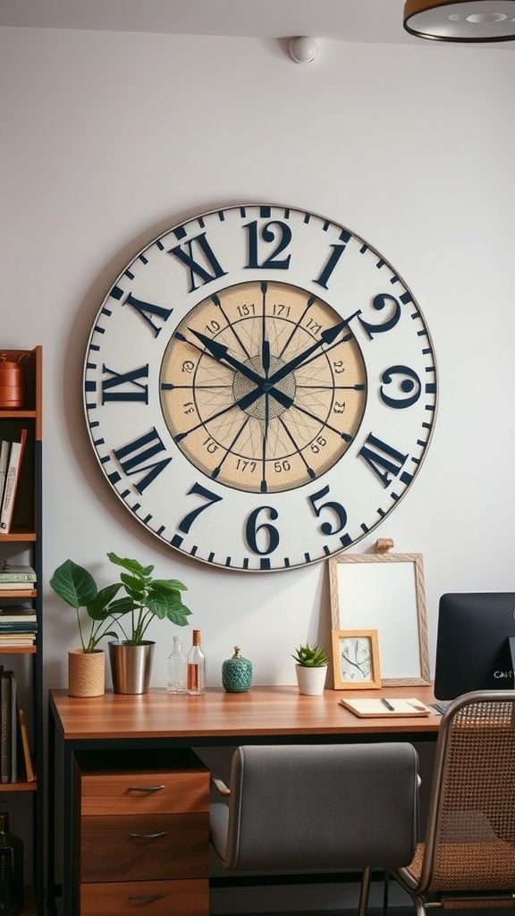 A large round vintage-style clock on a wall in a boho office