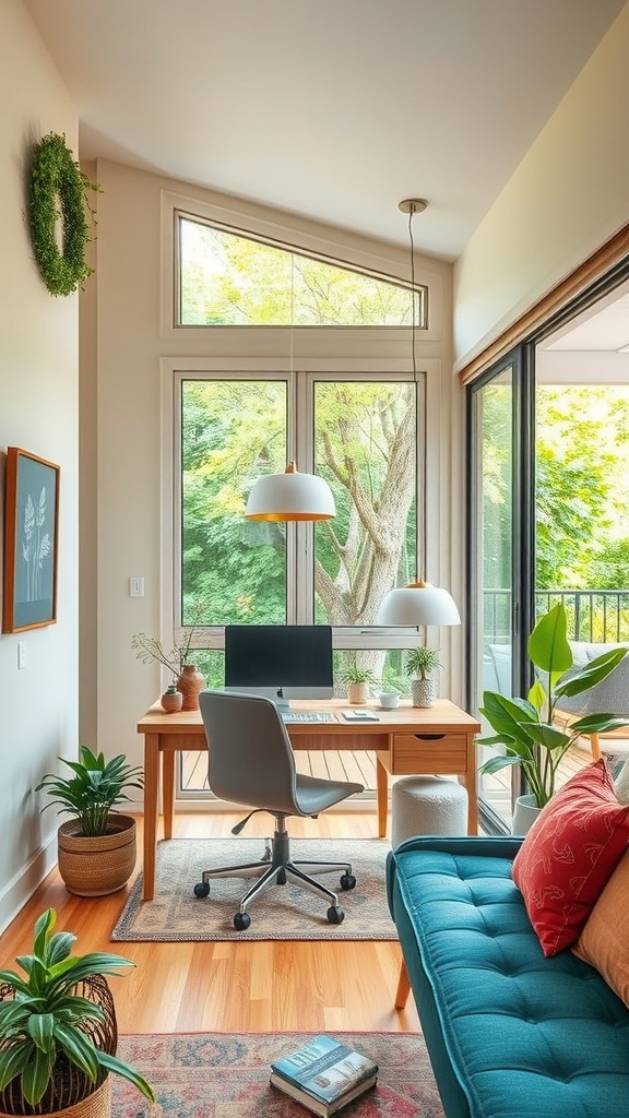 A bright home office with a wooden desk, computer, and plants, featuring large windows that let in natural light.